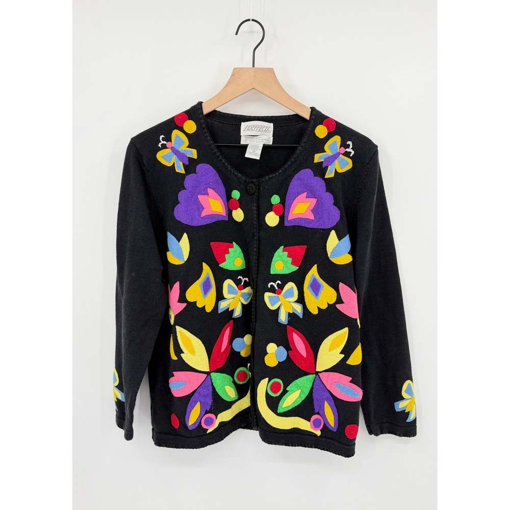 Vintage 90s Artsy Cardigan Womens XL Butterfly Floral Felt Applique Grandmacore